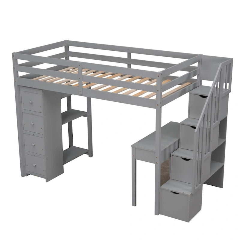 Solid Wood Twin Size Loft Bed with Desk