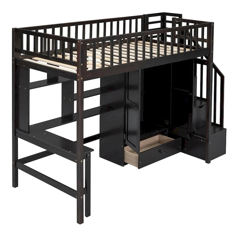 Twin Solid Wood Loft Bed with Integrated Desk and Wardrobe for Storage Solutions