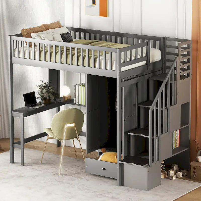 Twin Solid Wood Loft Bed with Integrated Desk and Wardrobe for Storage Solutions