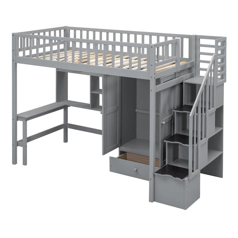 Twin Solid Wood Loft Bed with Integrated Desk and Wardrobe for Storage Solutions
