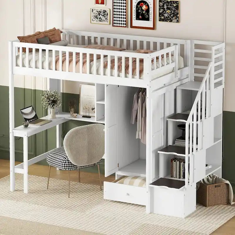 Twin Solid Wood Loft Bed with Integrated Desk and Wardrobe for Storage Solutions