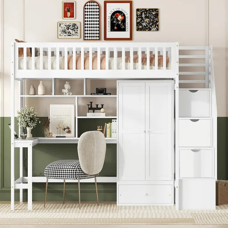 Twin Solid Wood Loft Bed with Integrated Desk and Wardrobe for Storage Solutions