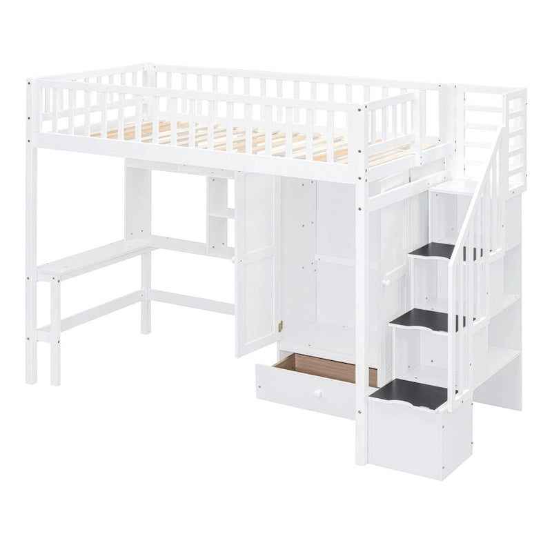 Twin Solid Wood Loft Bed with Integrated Desk and Wardrobe for Storage Solutions