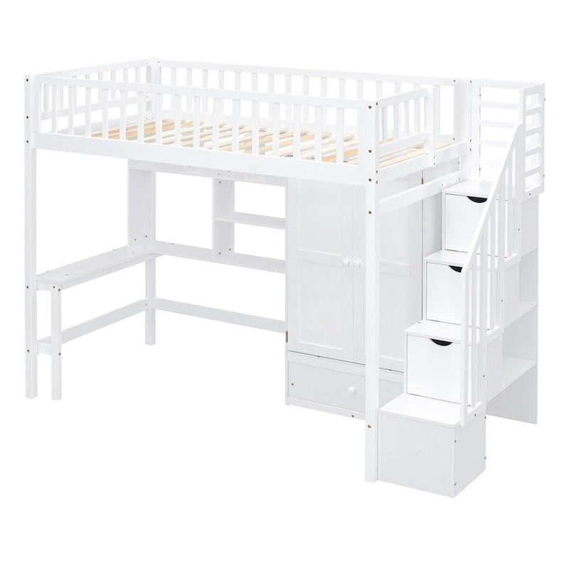 Twin Solid Wood Loft Bed with Integrated Desk and Wardrobe for Storage Solutions