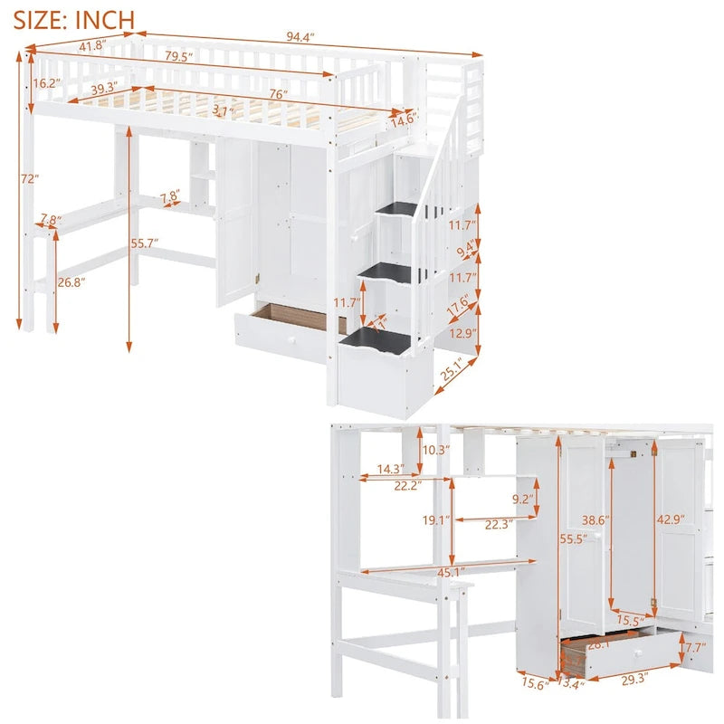 Twin Solid Wood Loft Bed with Integrated Desk and Wardrobe for Storage Solutions