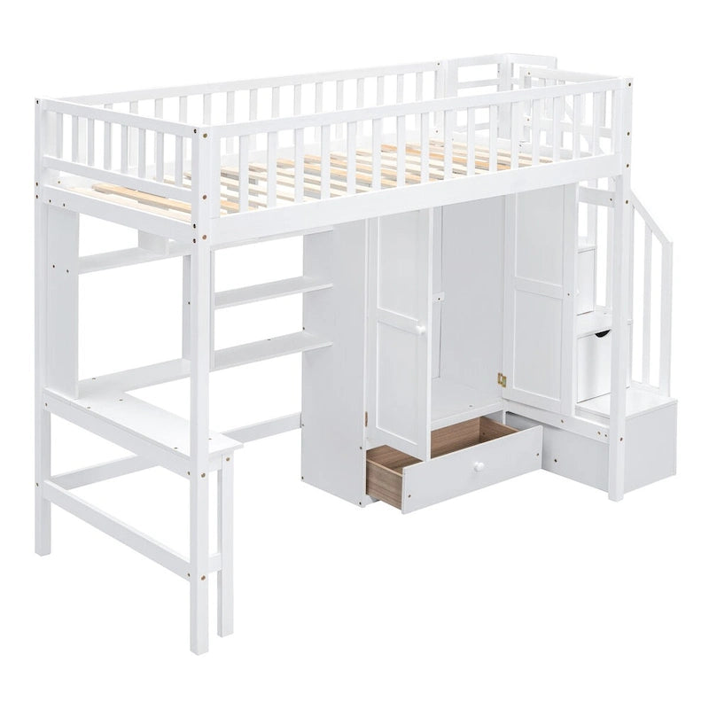 Twin Solid Wood Loft Bed with Integrated Desk and Wardrobe for Storage Solutions