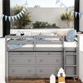Full Size Wood Loft Bed with Retractable Writing Desk and 4 Drawers