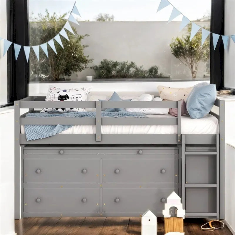 Full Size Wood Loft Bed with Retractable Writing Desk and 4 Drawers