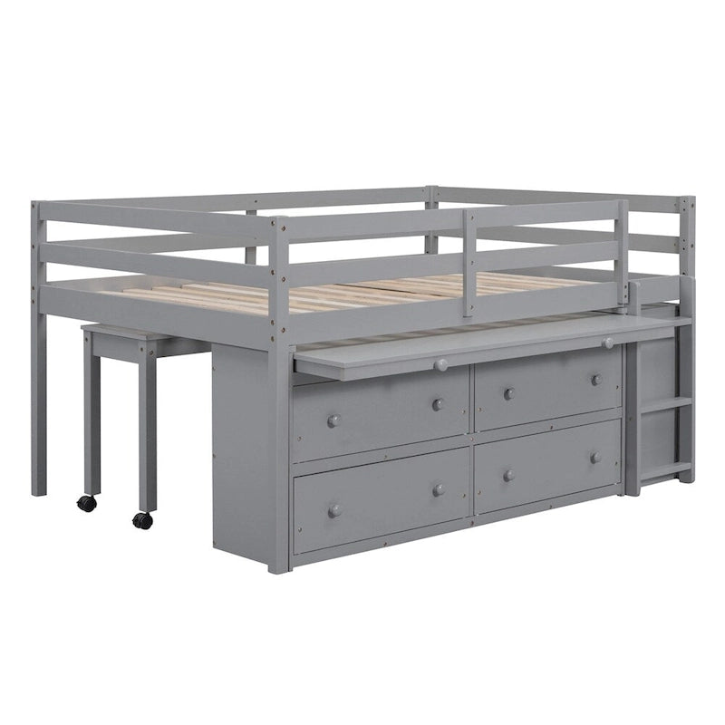 Full Size Wood Loft Bed with Retractable Writing Desk and 4 Drawers