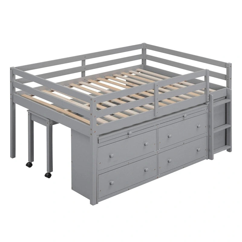 Full Size Wood Loft Bed with Retractable Writing Desk and 4 Drawers