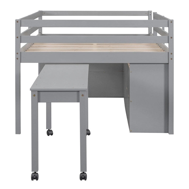 Full Size Wood Loft Bed with Retractable Writing Desk and 4 Drawers