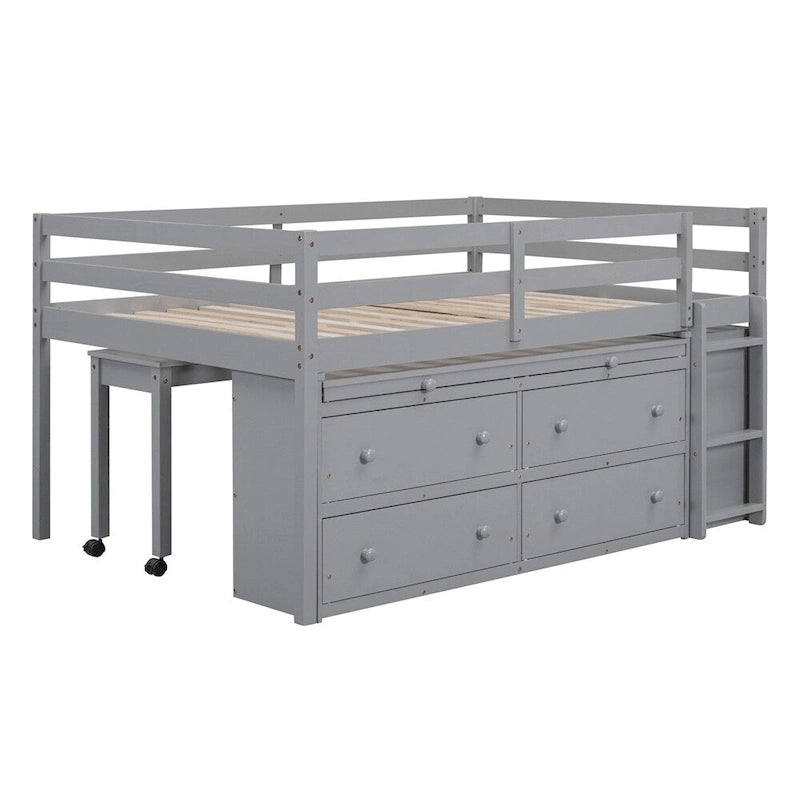 Full Size Wood Loft Bed with Retractable Writing Desk and 4 Drawers