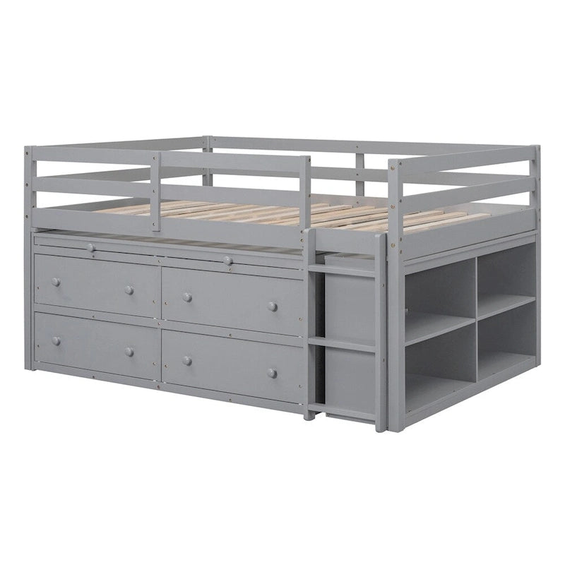 Full Size Wood Loft Bed with Retractable Writing Desk and 4 Drawers