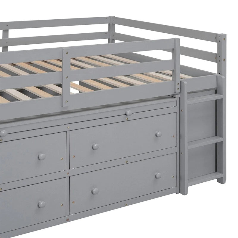 Full Size Wood Loft Bed with Retractable Writing Desk and 4 Drawers