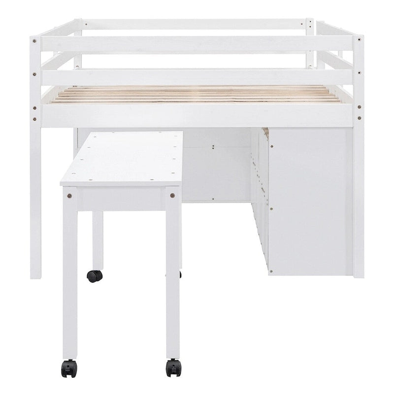 Full Size Wood Loft Bed with Retractable Writing Desk and 4 Drawers