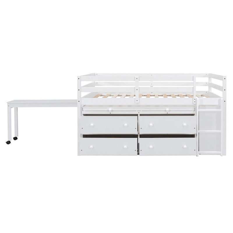 Full Size Wood Loft Bed with Retractable Writing Desk and 4 Drawers