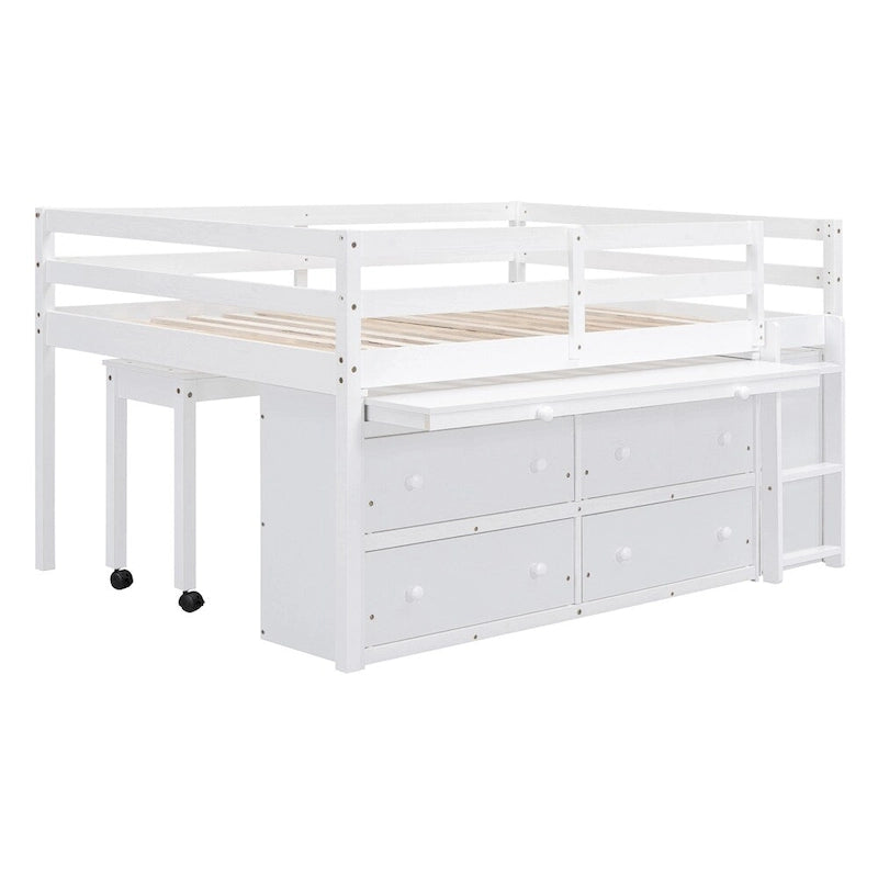 Full Size Wood Loft Bed with Retractable Writing Desk and 4 Drawers
