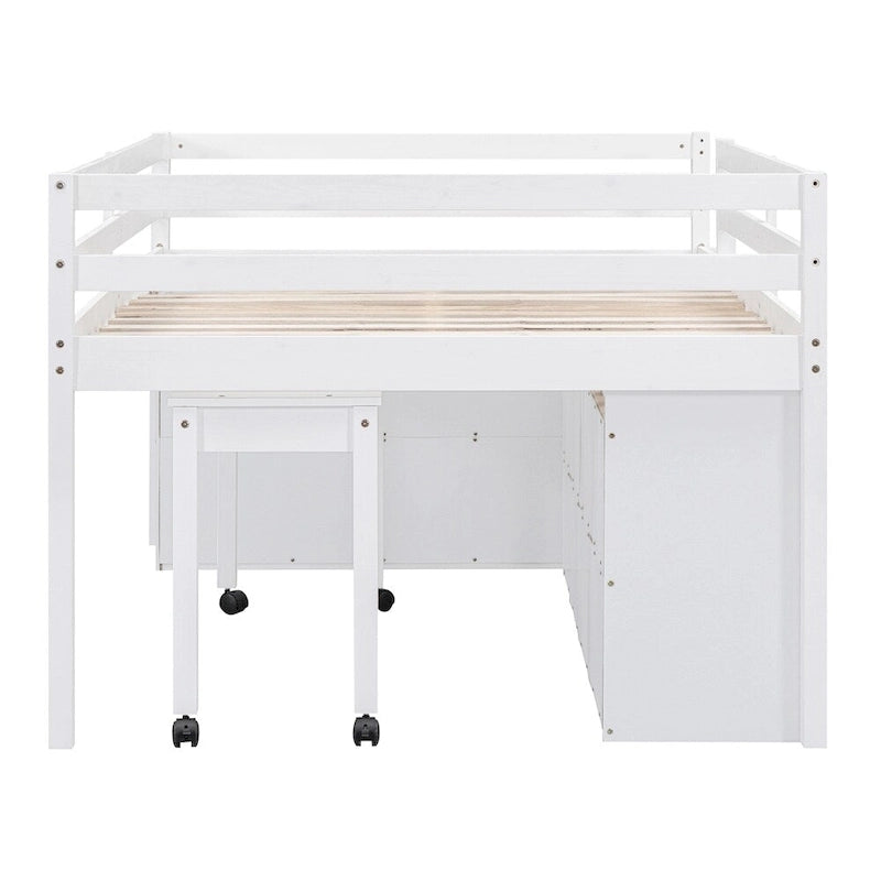 Full Size Wood Loft Bed with Retractable Writing Desk and 4 Drawers