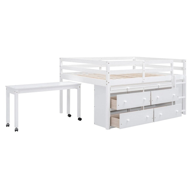 Full Size Wood Loft Bed with Retractable Writing Desk and 4 Drawers