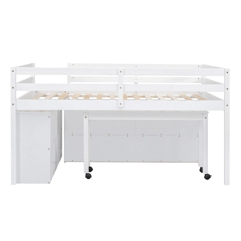 Full Size Wood Loft Bed with Retractable Writing Desk and 4 Drawers