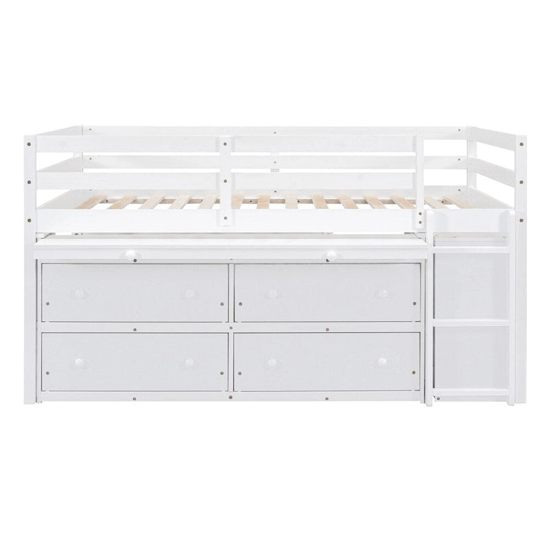 Full Size Wood Loft Bed with Retractable Writing Desk and 4 Drawers