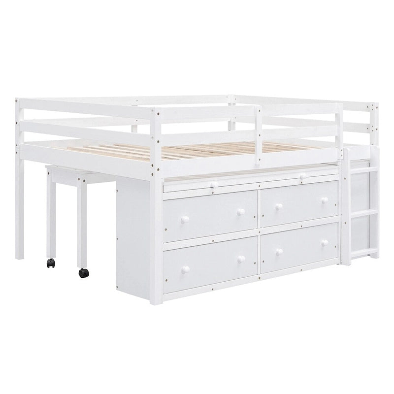 Full Size Wood Loft Bed with Retractable Writing Desk and 4 Drawers