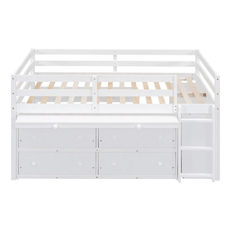 Full Size Wood Loft Bed with Retractable Writing Desk and 4 Drawers