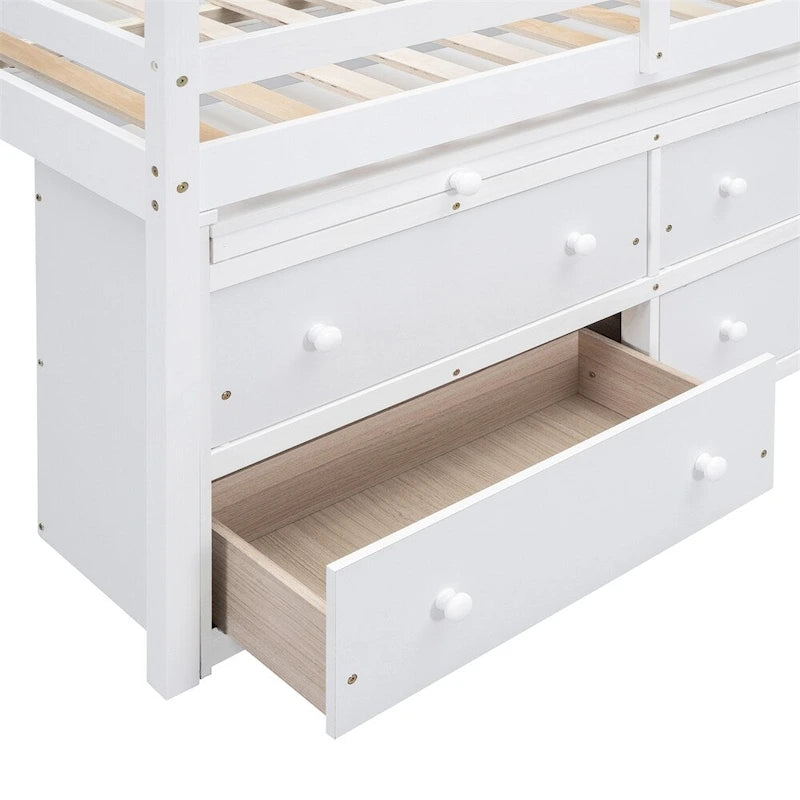 Full Size Wood Loft Bed with Retractable Writing Desk and 4 Drawers