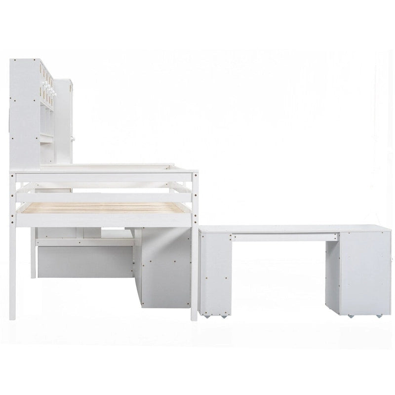 Full Size Wood Loft Bed with Under-bed Desk and Drawers