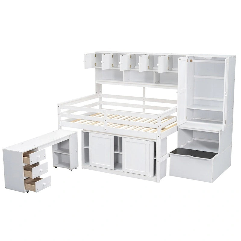 Full Size Wood Loft Bed with Under-bed Desk and Drawers