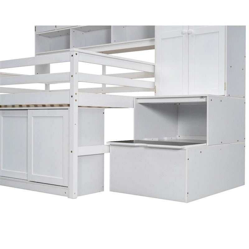 Full Size Wood Loft Bed with Under-bed Desk and Drawers