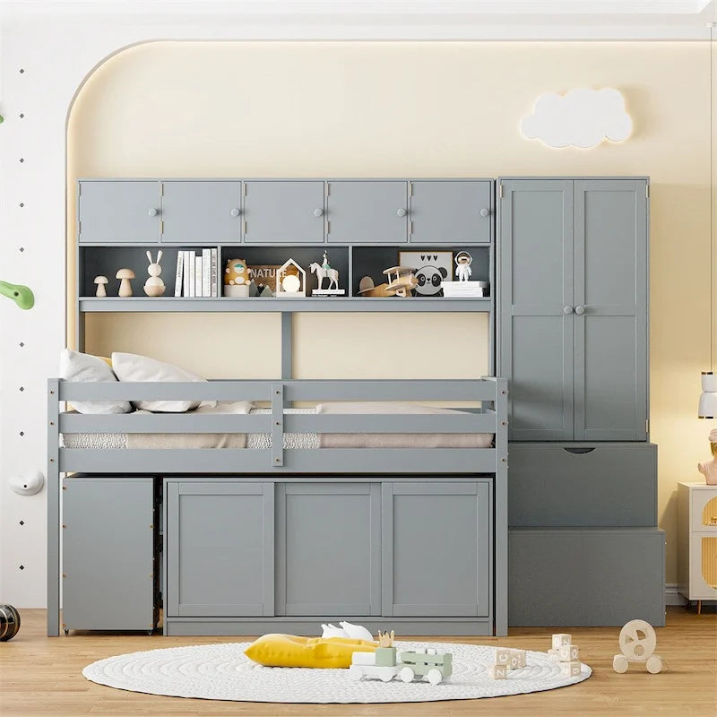 Full Size Wood Loft Bed with Under-bed Desk and Drawers