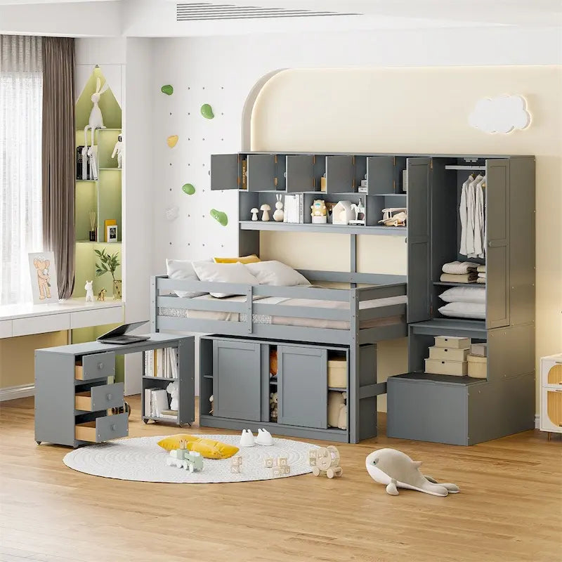 Full Size Wood Loft Bed with Under-bed Desk and Drawers