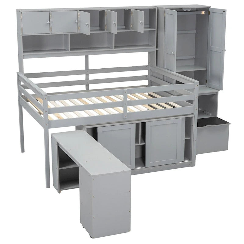 Full Size Wood Loft Bed with Under-bed Desk and Drawers