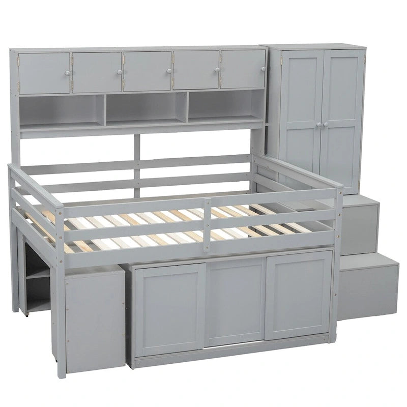 Full Size Wood Loft Bed with Under-bed Desk and Drawers