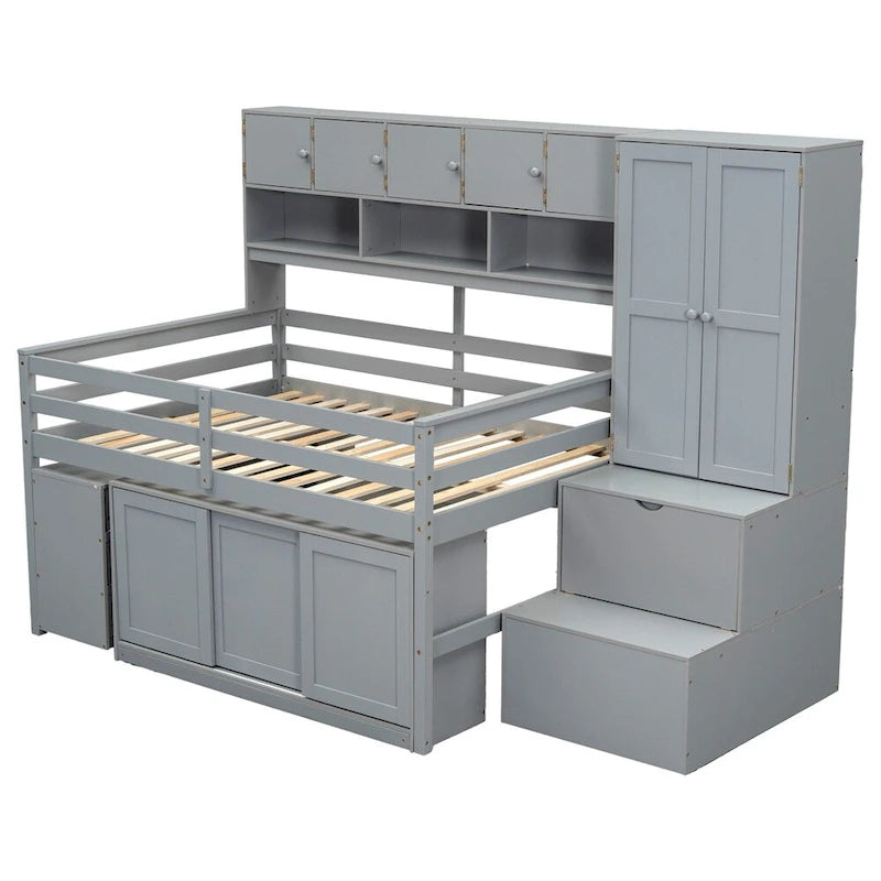 Full Size Wood Loft Bed with Under-bed Desk and Drawers