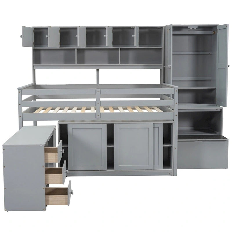 Full Size Wood Loft Bed with Under-bed Desk and Drawers