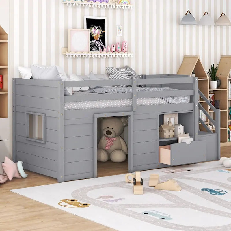 Twin Size Solid Wood Low Loft Bed with Stair, Drawer, and Shelf