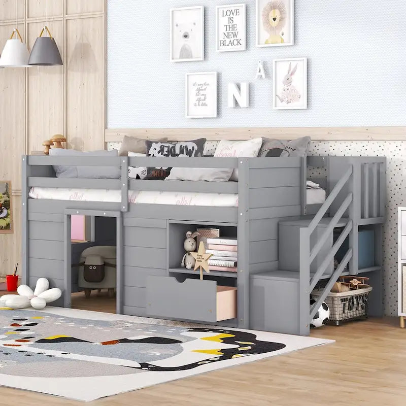 Twin Size Solid Wood Low Loft Bed with Stair, Drawer, and Shelf