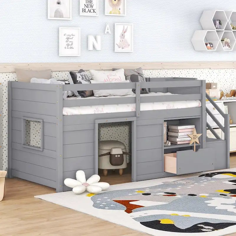 Twin Size Solid Wood Low Loft Bed with Stair, Drawer, and Shelf