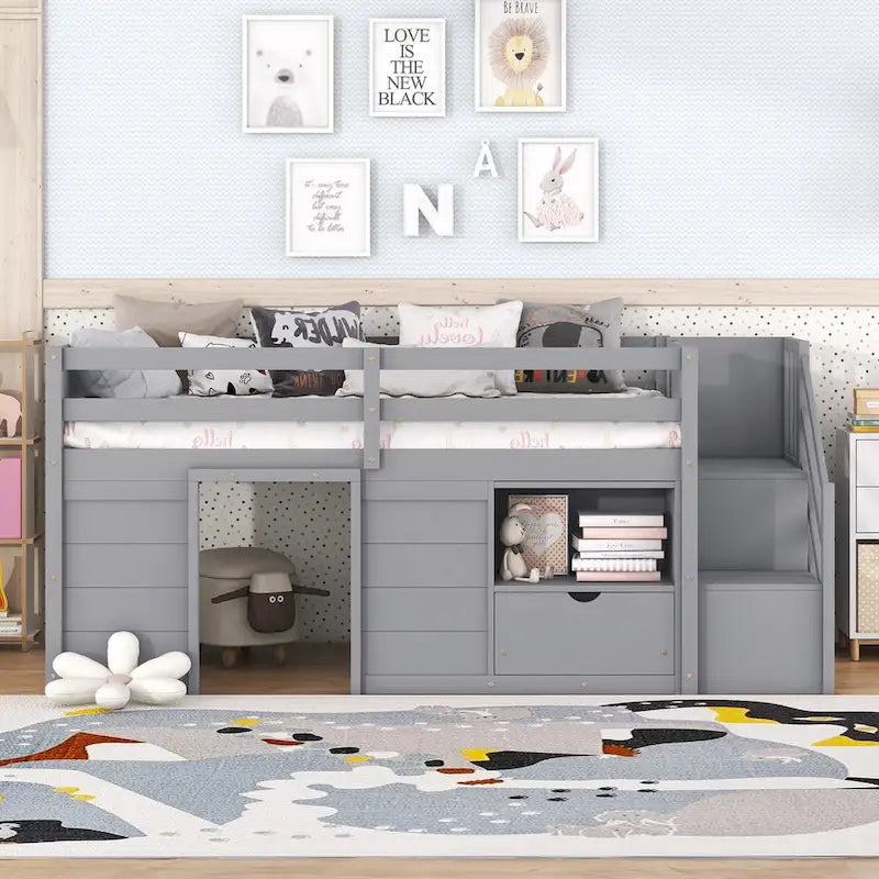 Twin Size Solid Wood Low Loft Bed with Stair, Drawer, and Shelf