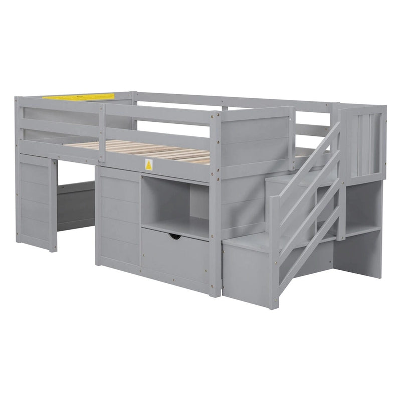 Twin Size Solid Wood Low Loft Bed with Stair, Drawer, and Shelf