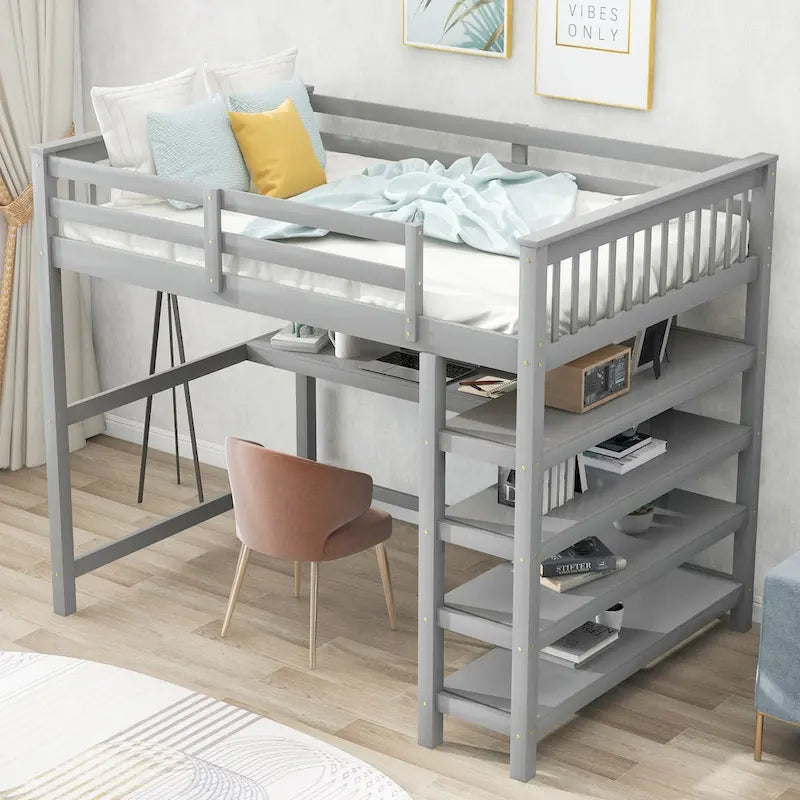 Full Size Solid Wood Loft Bed with Integrated Desk, Storage Shelves, and Stable Guardrails