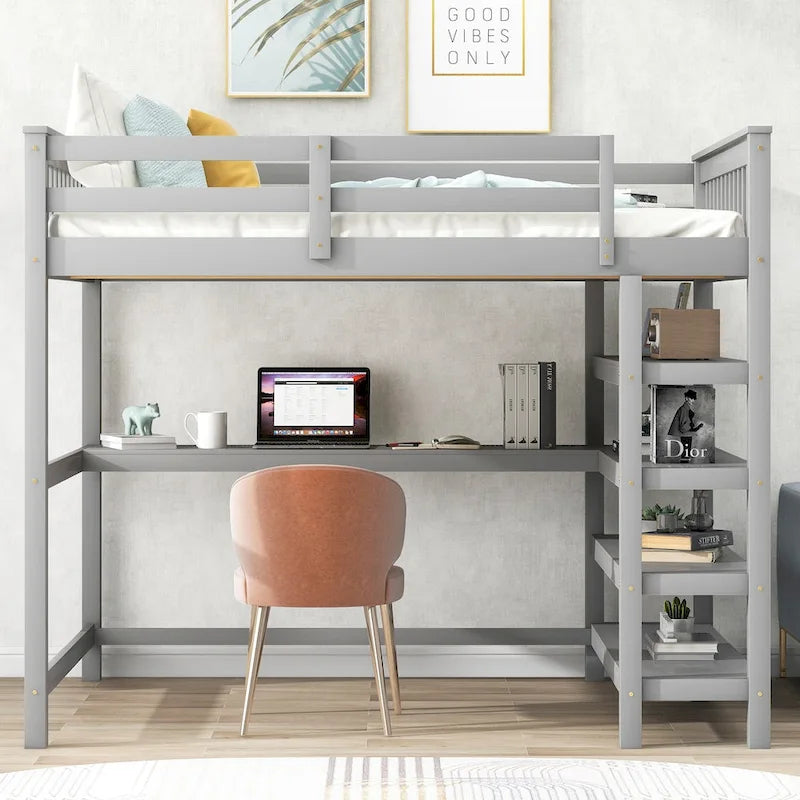 Full Size Solid Wood Loft Bed with Integrated Desk, Storage Shelves, and Stable Guardrails