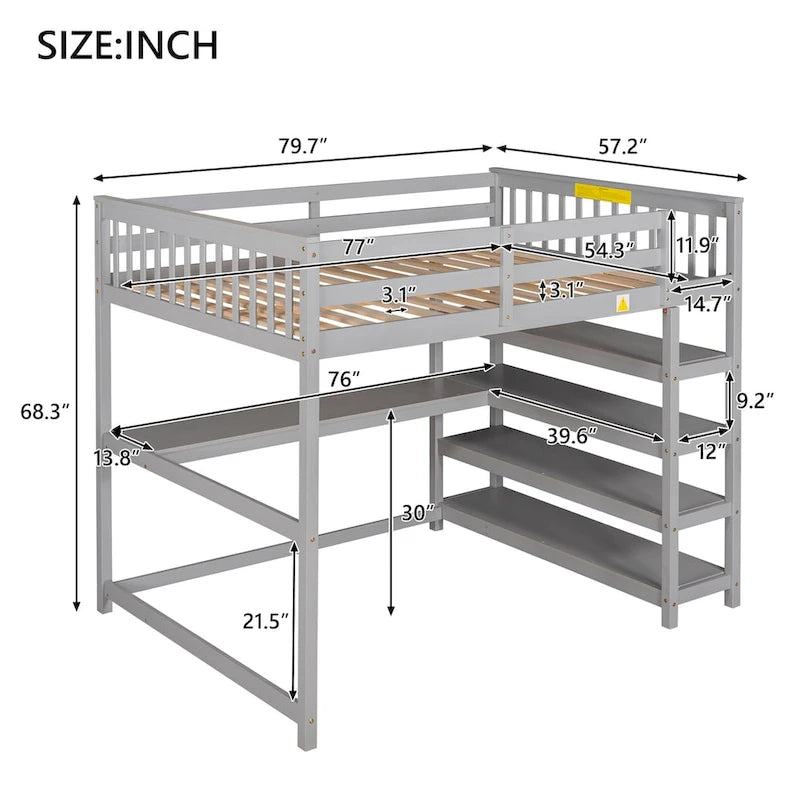 Full Size Solid Wood Loft Bed with Integrated Desk, Storage Shelves, and Stable Guardrails