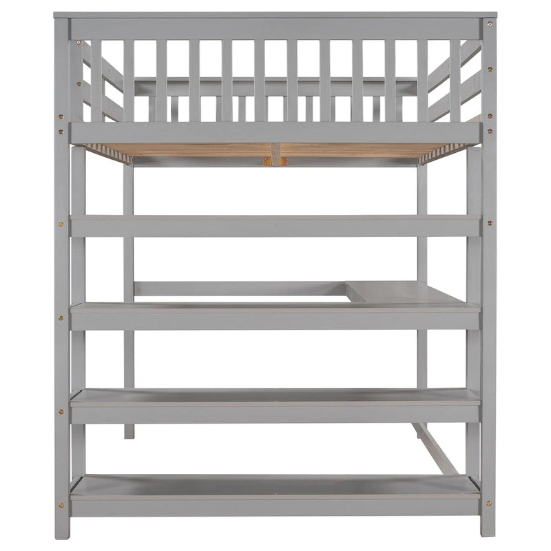 Full Size Solid Wood Loft Bed with Integrated Desk, Storage Shelves, and Stable Guardrails