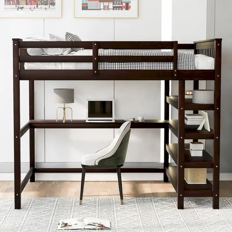 Full Size Solid Wood Loft Bed with Integrated Desk, Storage Shelves, and Stable Guardrails