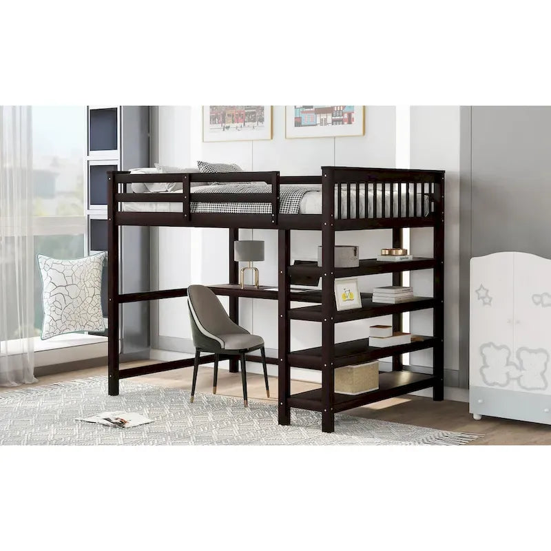 Full Size Solid Wood Loft Bed with Integrated Desk, Storage Shelves, and Stable Guardrails