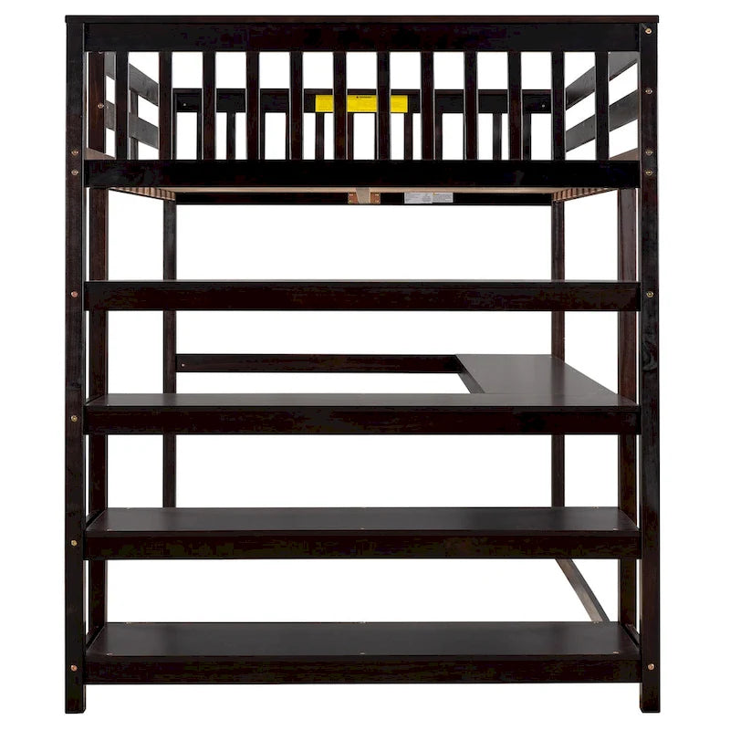 Full Size Solid Wood Loft Bed with Integrated Desk, Storage Shelves, and Stable Guardrails