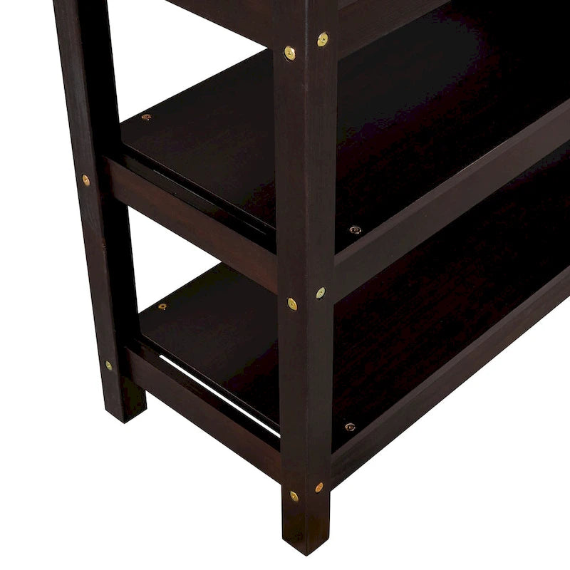 Full Size Solid Wood Loft Bed with Integrated Desk, Storage Shelves, and Stable Guardrails